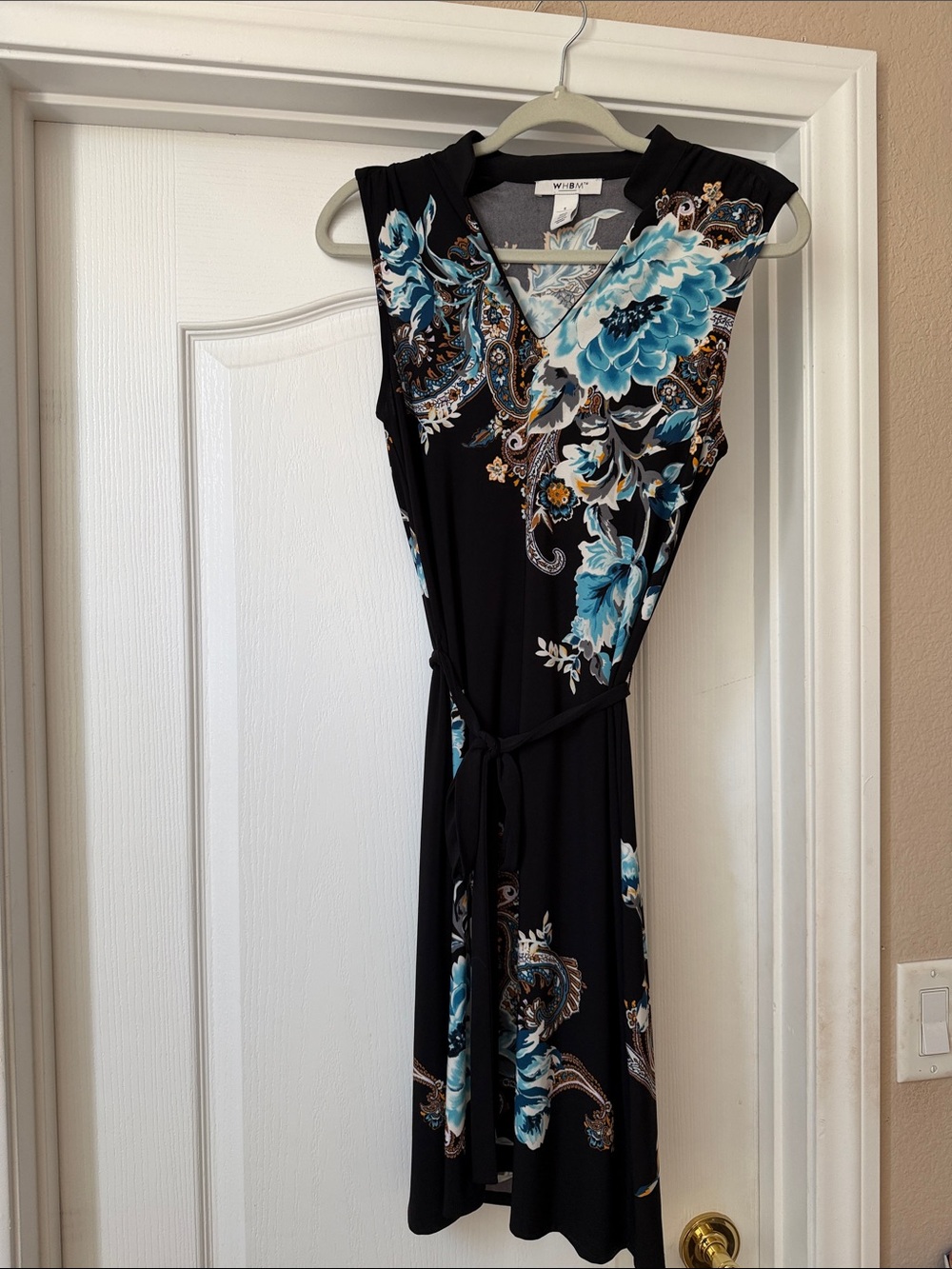 White House Black Market Black Midi Wrap Dress with Teal Floral Print sz small